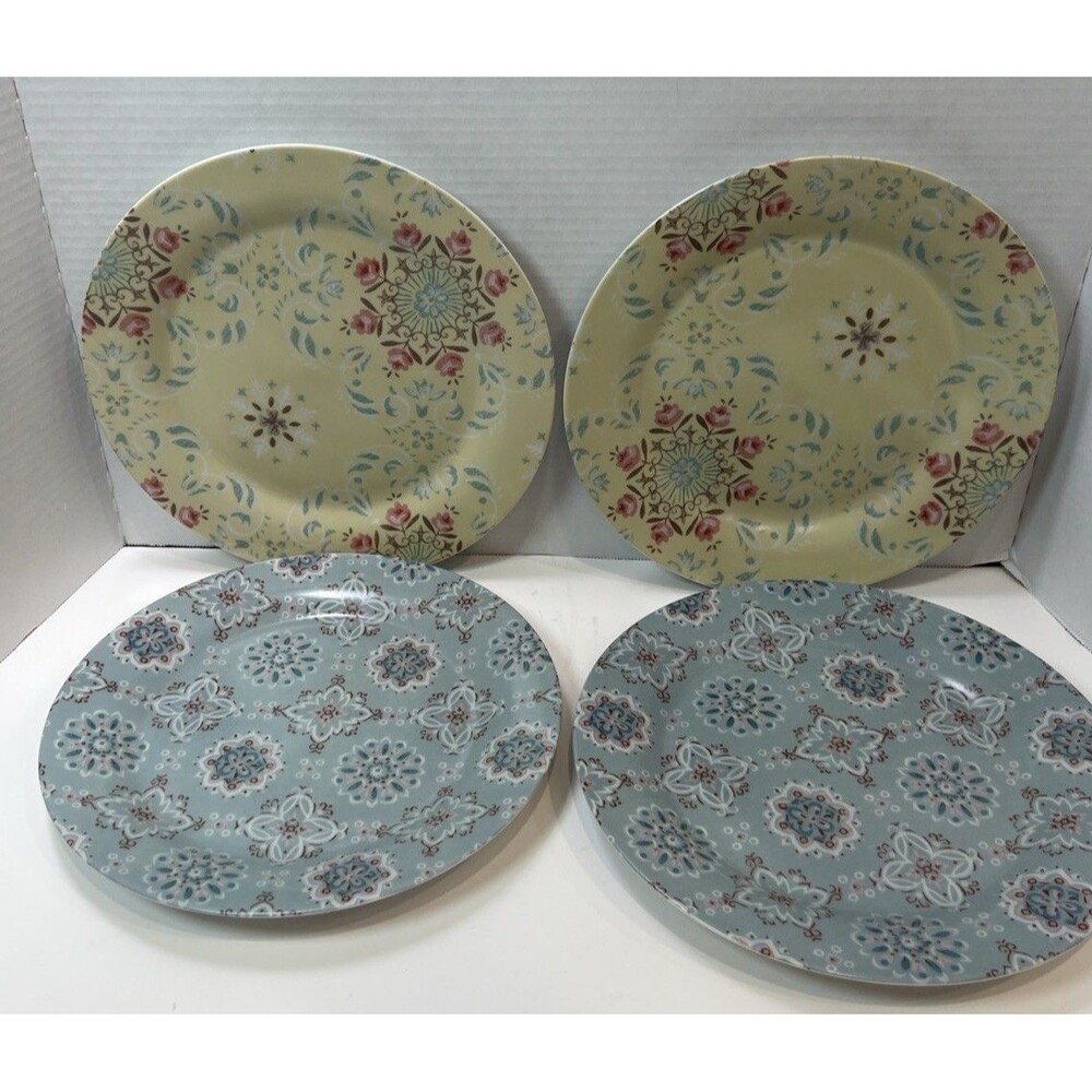 Porcelain Dinner Plate 10.75" Floral Medallion Style Prints Blue Yellow 2 Each